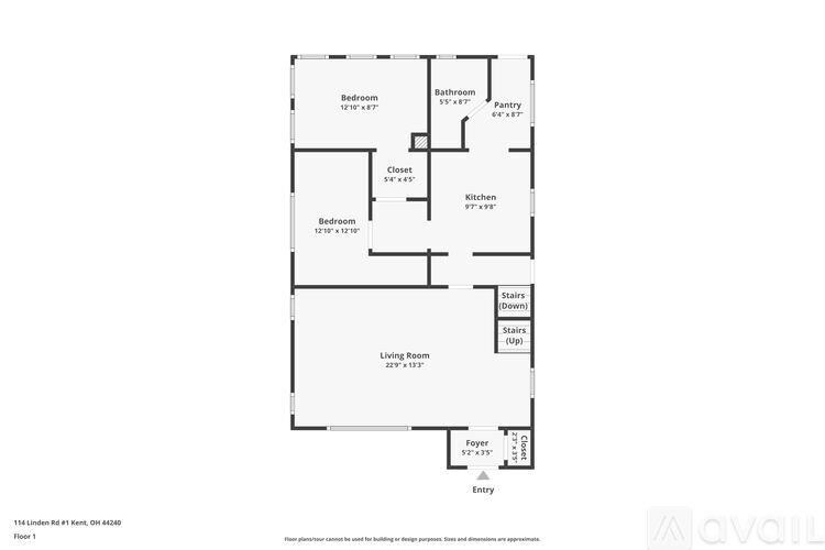 A floor plan of a one bedroom apartment with a living room and stairs leading to another floor.