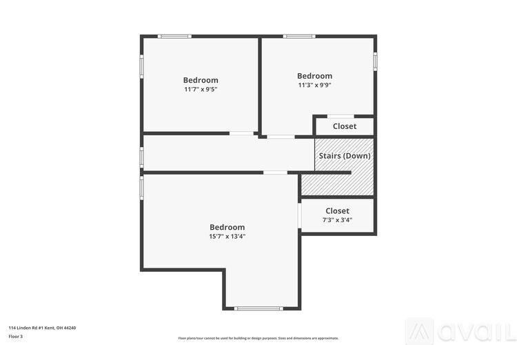A floor plan of a property with three bedrooms and two closets.