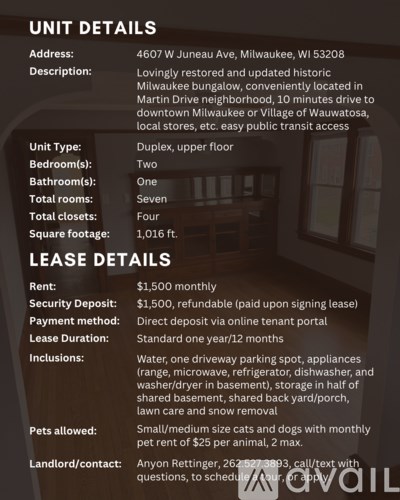 A flyer advertises a unit for rent at 4607 W Juneau Ave, Milwaukee, WI 53208.