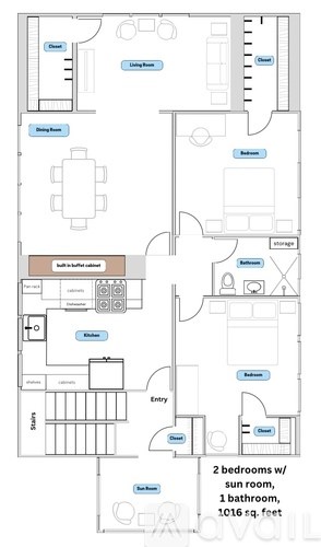 A floor plan of a two bedroom apartment with a sun room and a 1 bathroom.
