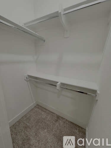 A white closet with a carpeted floor and a single shelf.