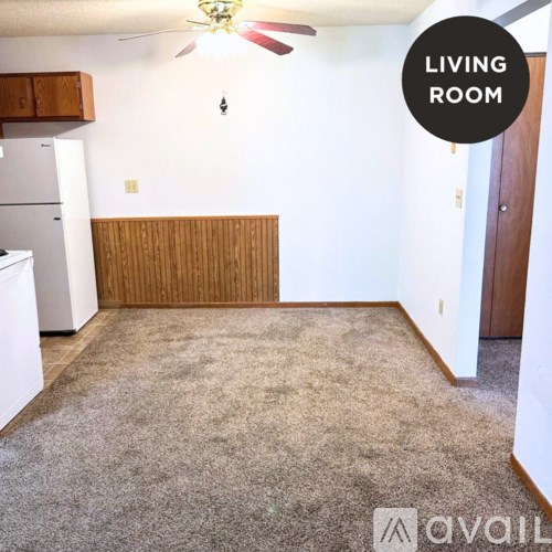 A living room with a carpet floor and a ceiling fan.