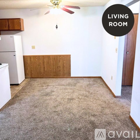 A living room with a carpet floor and a ceiling fan.