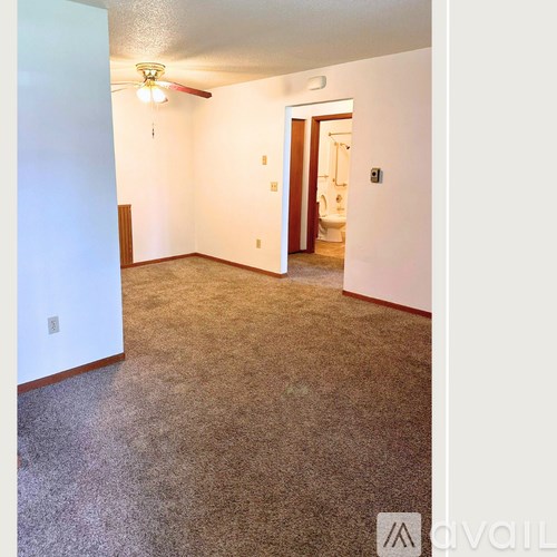 A room with a carpeted floor and a ceiling fan.