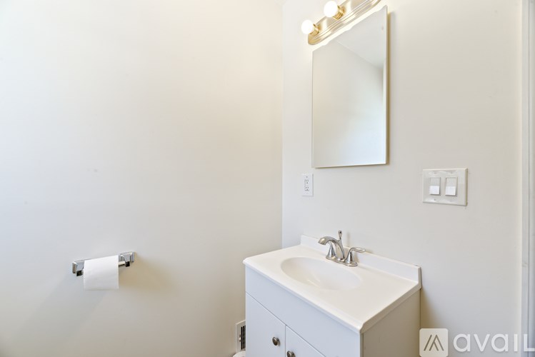A white sink in a bathroom with a mirror and a roll of toilet paper on the wall.