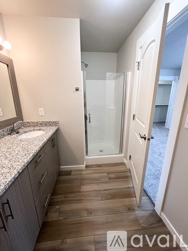 A bathroom with a sink, mirror, and wooden floors.