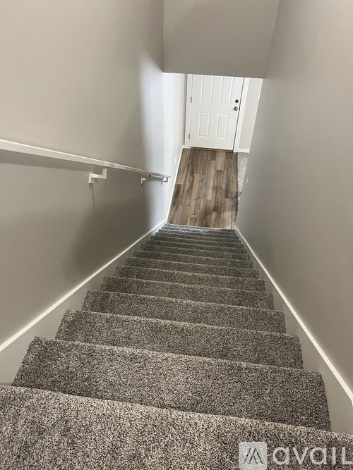 A staircase with a carpeted runner and a white door at the top.