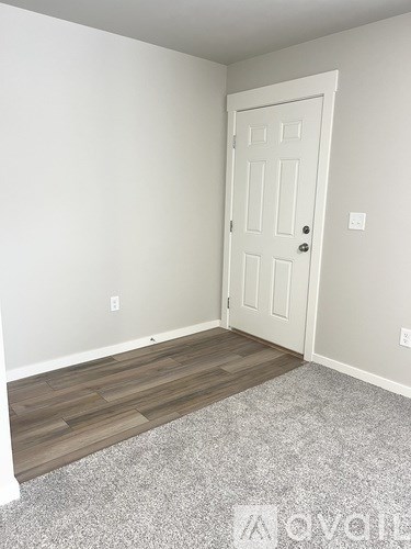 A white door is in a room with a grey carpet.