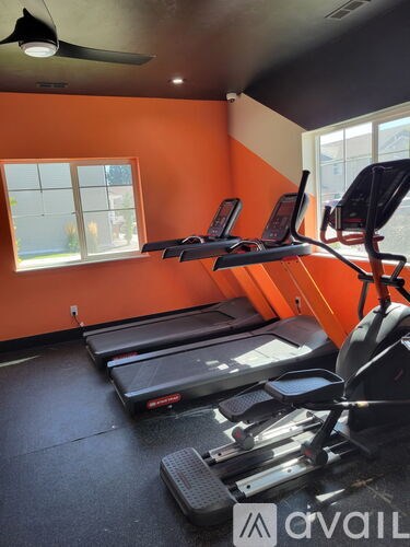 A gym with orange walls and a row of treadmills.
