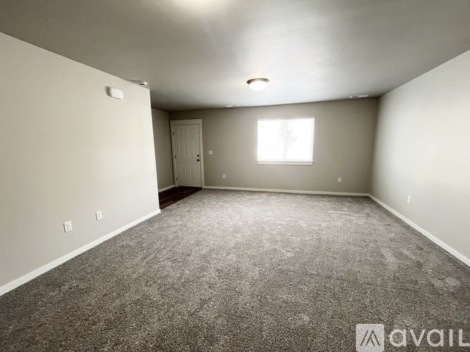 A room with a carpeted floor and a window with a white frame.