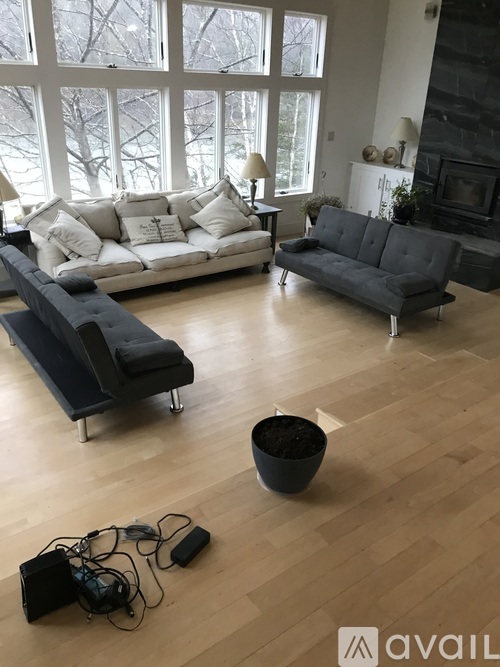 A living room with a grey couch and a black ottoman.