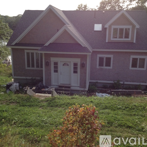 A house with a purple roof and white door.