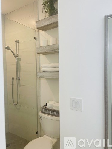 A bathroom with a toilet, a shelf with towels and a plant on it, and a glass shower door.