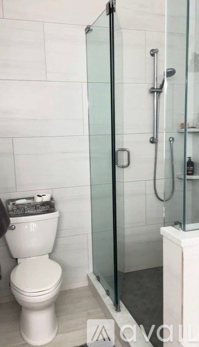 A white toilet sits next to a glass shower door in a bathroom.