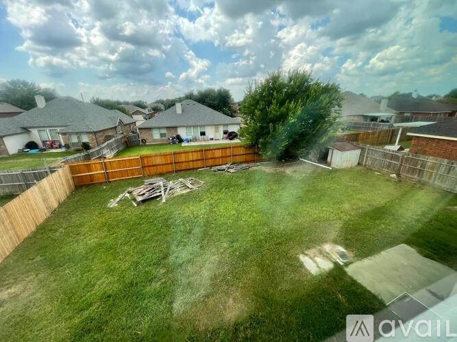 A backyard with a wooden fence and a green lawn.