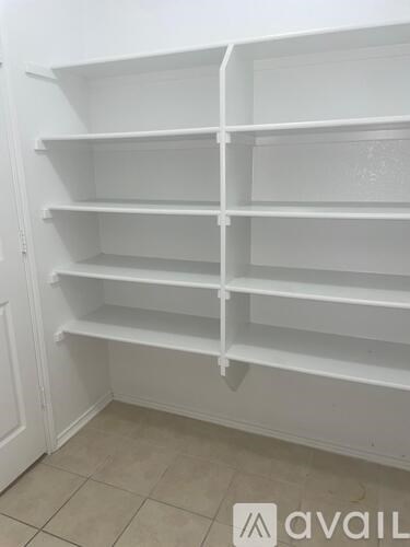 Empty white shelves in a room.