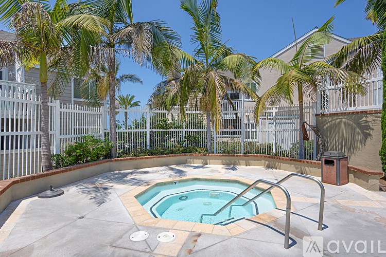 A pool surrounded by palm trees and a fence.