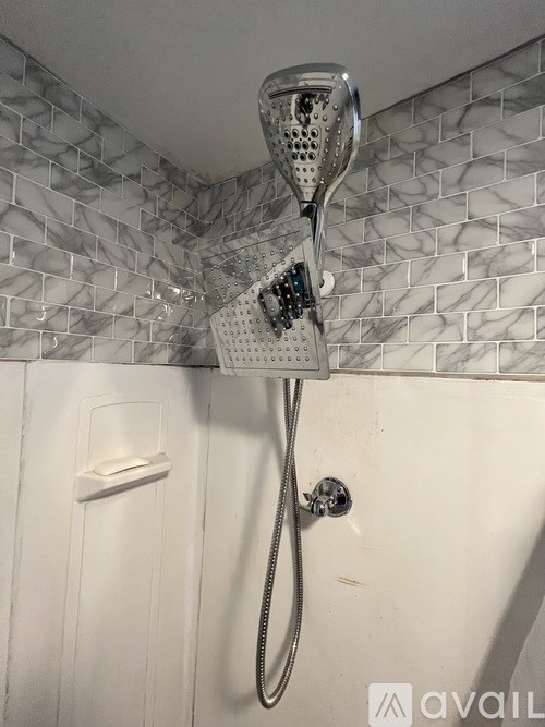 A shower head with a hose attached to it.