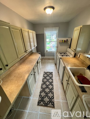 A kitchen with a patterned rug on the floor.