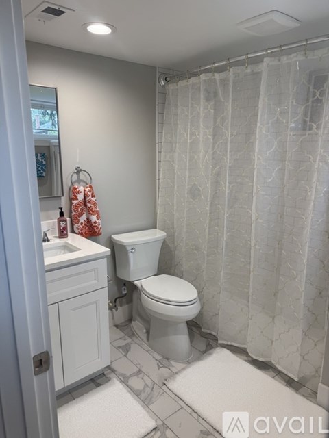 A white bathroom with a toilet, sink, and shower curtain.
