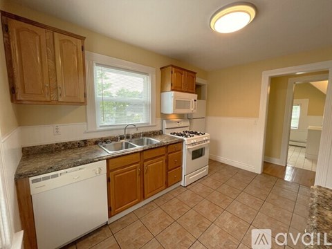 A kitchen with a white dishwasher and a white microwave.