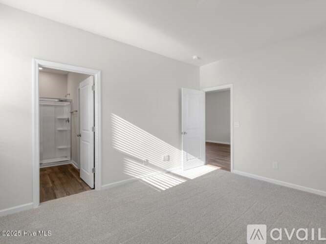 A white room with a carpeted floor and two open doors.