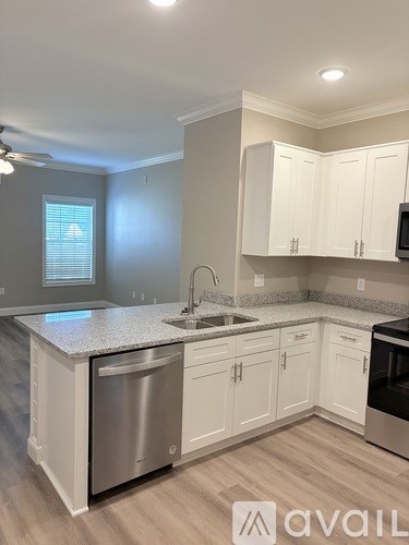 A kitchen with white cabinets and a granite countertop.