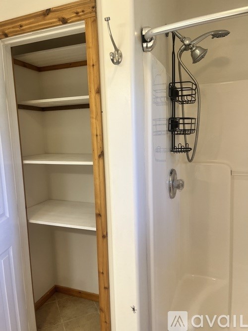 A white door with a shelving unit inside and a shower head on the outside.