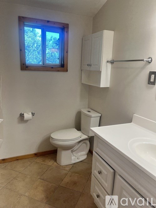 A bathroom with a toilet, sink, and window.