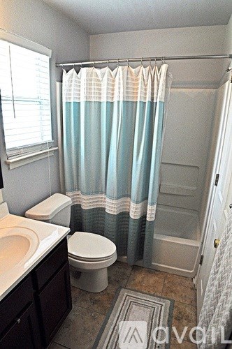 A bathroom with a toilet, sink, and shower curtain.