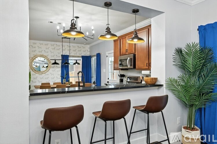 A kitchen with brown chairs and a plant.