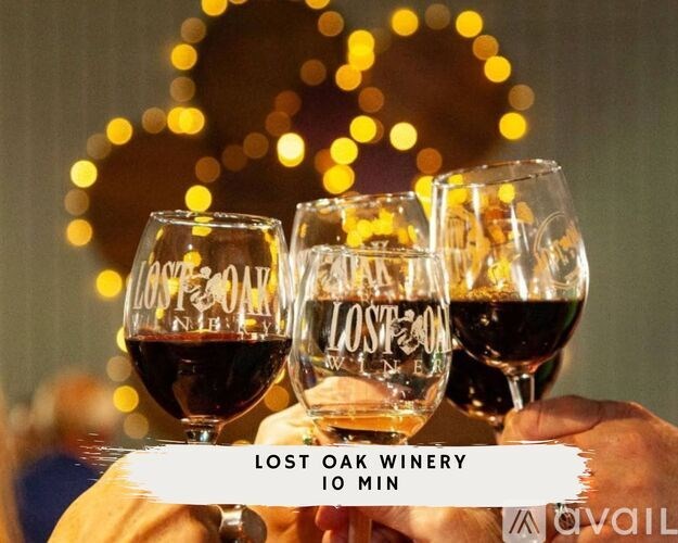 Three glasses of wine are being held up with the text "LOST OAK WINERY 10 MIN".