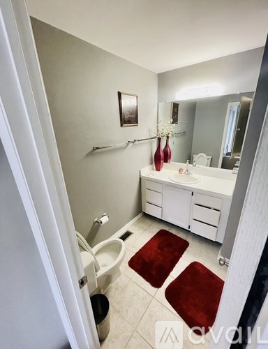 A bathroom with a toilet, sink, and red rugs.