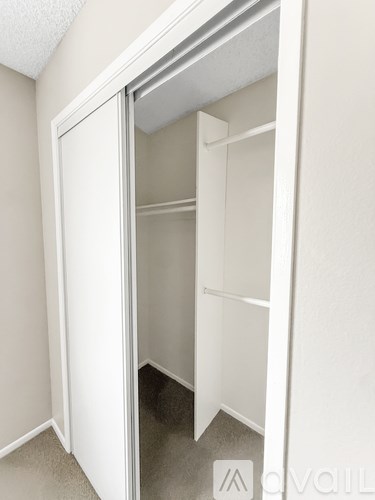 A white closet with shelves and a door open.