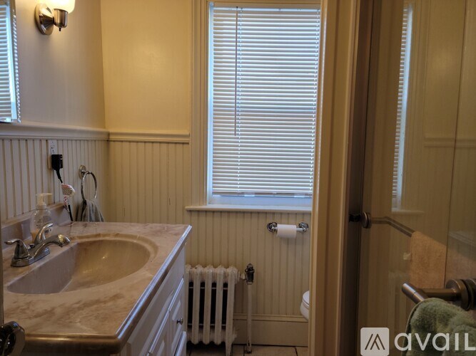 A bathroom with a sink, toilet paper, and a window with blinds.