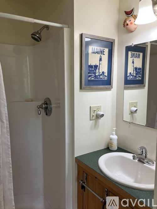 A bathroom with a white shower curtain and a white sink.
