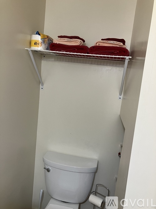 A white toilet with a towel rack above it.