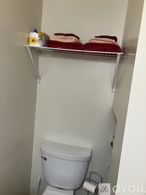 A white toilet with a towel rack above it.