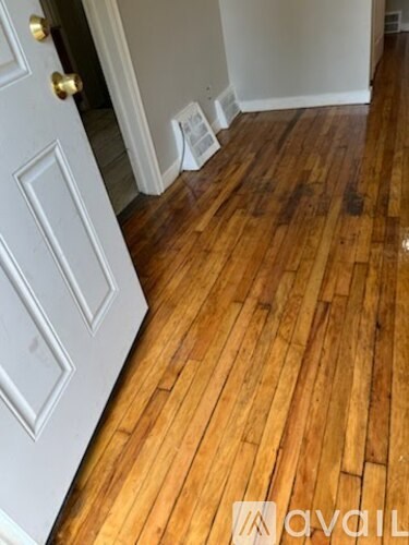 A white door is open to a hallway with wood flooring.