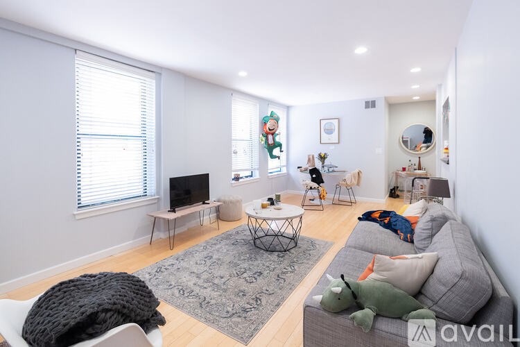 A living room with a grey couch, a television, and a rug.