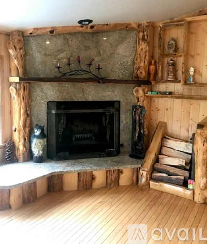 A wood-paneled room with a fireplace and a shelf above it.