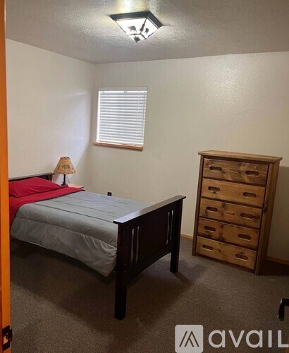 A bedroom with a bed, dresser, and window.
