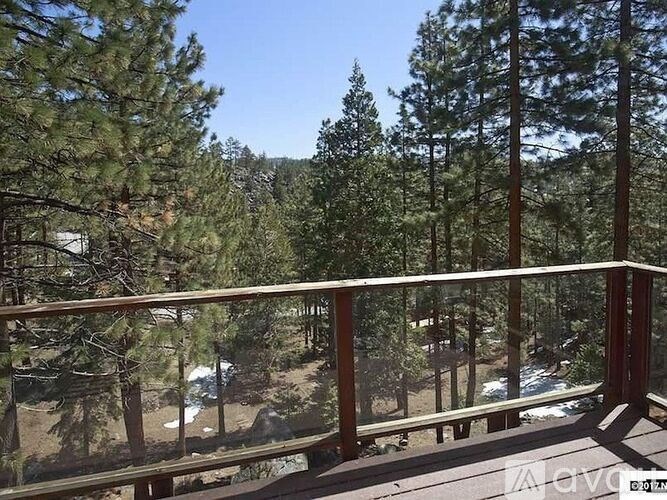 A balcony overlooks a forest with a clear blue sky.