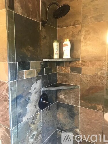 A shower area with a shelf and two bottles on it.