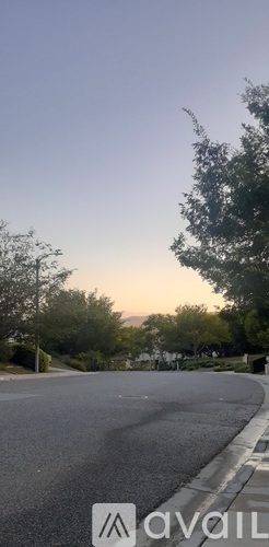 A street with a sidewalk and trees on the side.
