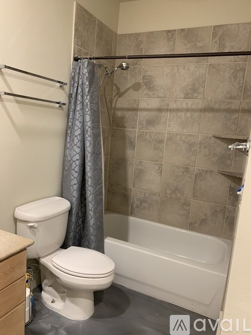 A bathroom with a toilet, bathtub, and shower curtain.
