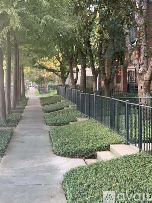 A sidewalk with a metal fence and green bushes.