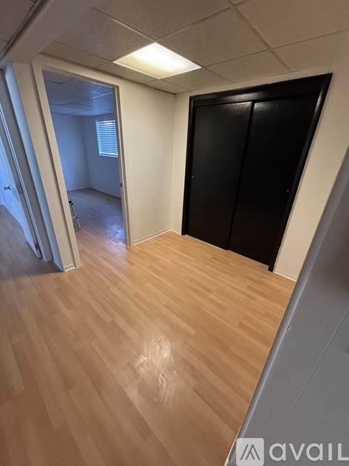 A room with a wooden floor and a black door.