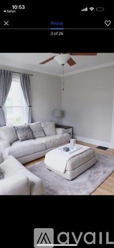 A living room with a white couch and a grey rug.