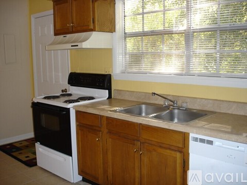 A kitchen with a stove, sink, and cabinets.